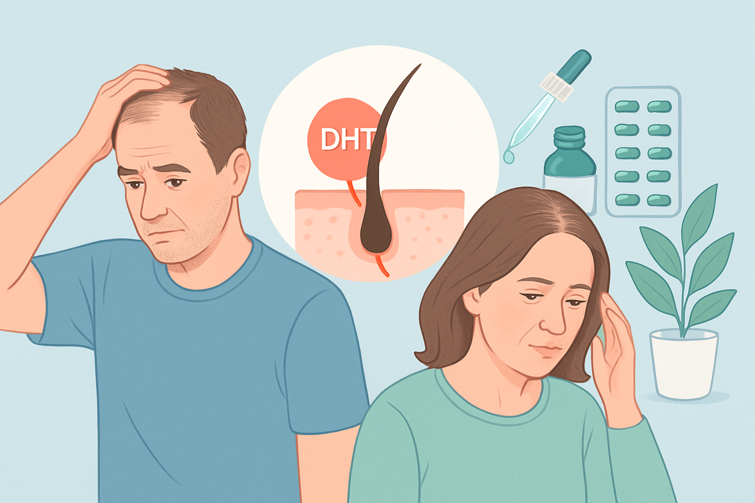 Darstellung der androgenetischen Alopezie bei Männern und Frauen mit typischen Haarausfall-Mustern