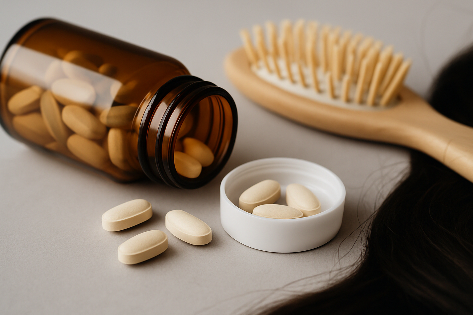 Biotin-Kapseln und biotinreiche Lebensmittel wie Eier, Nüsse und Haferflocken zur Behandlung von Haarausfall