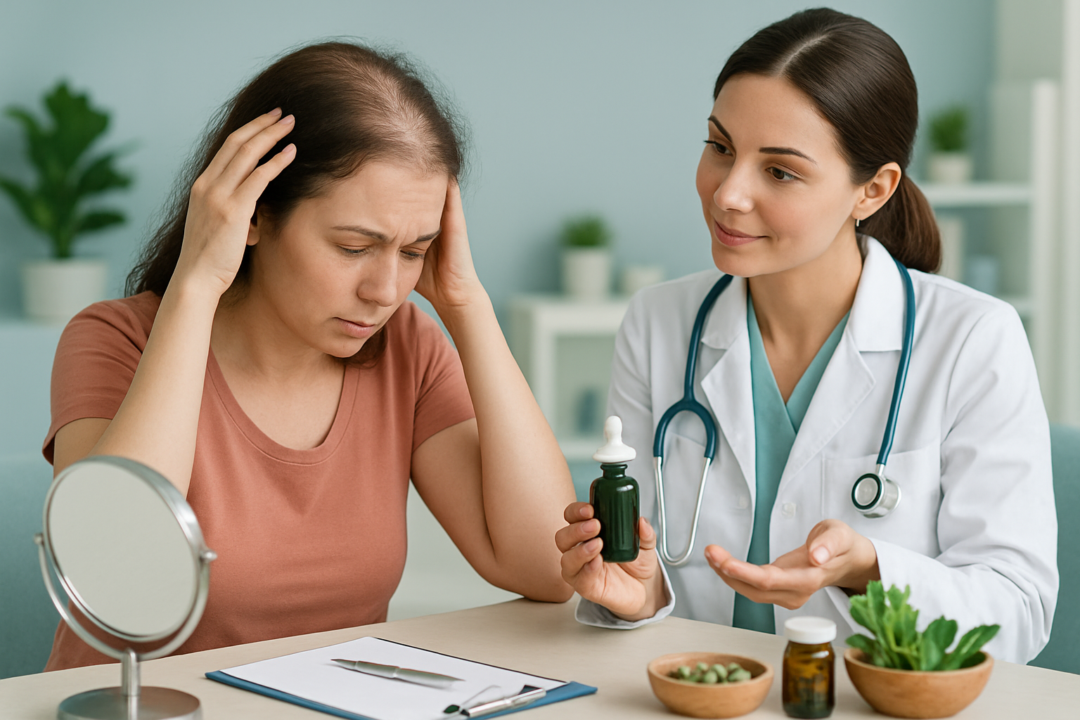 Frau betrachtet ihr dünner werdendes Haar im Spiegel - Symbolbild für diffusen Haarausfall
