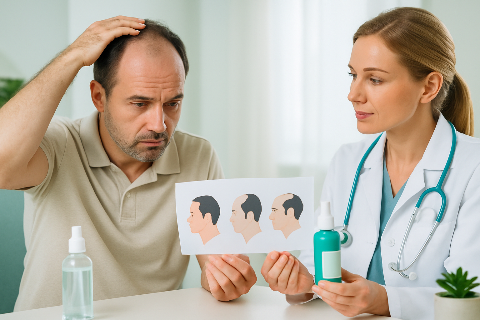 Mann betrachtet Geheimratsecken im Spiegel als typisches Zeichen für erblich bedingten Haarausfall