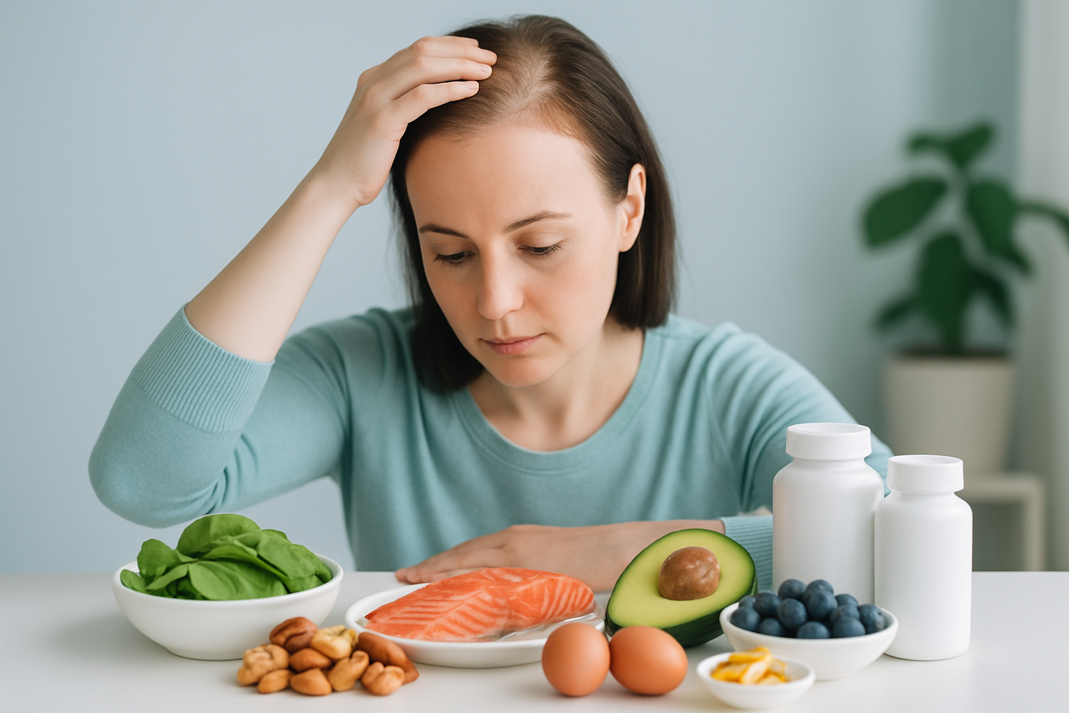 Gesunde Lebensmittel für kräftiges Haar - Nüsse, Lachs, Eier, Spinat und Beeren auf einem Holztisch