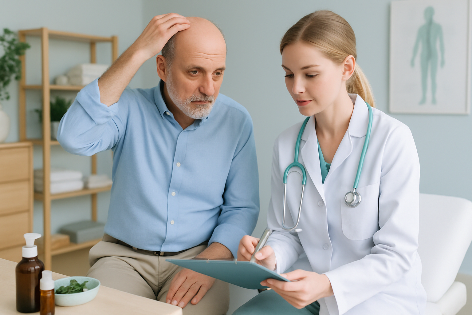 Älterer Mann mit gepflegtem, gesundem Haar betrachtet sich zufrieden im Spiegel