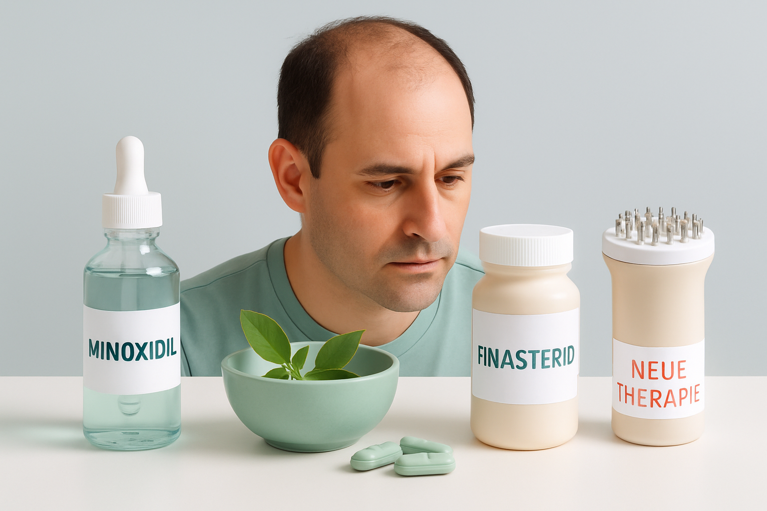 Verschiedene Haarwuchsmittel und Produkte gegen Haarausfall im Vergleich