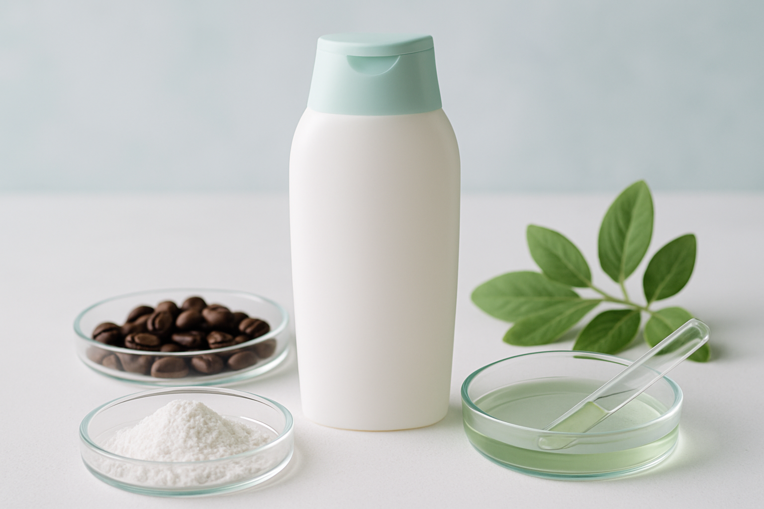 Verschiedene Anti-Haarausfall-Shampoos mit wirksamen Inhaltsstoffen wie Koffein und Ketoconazol